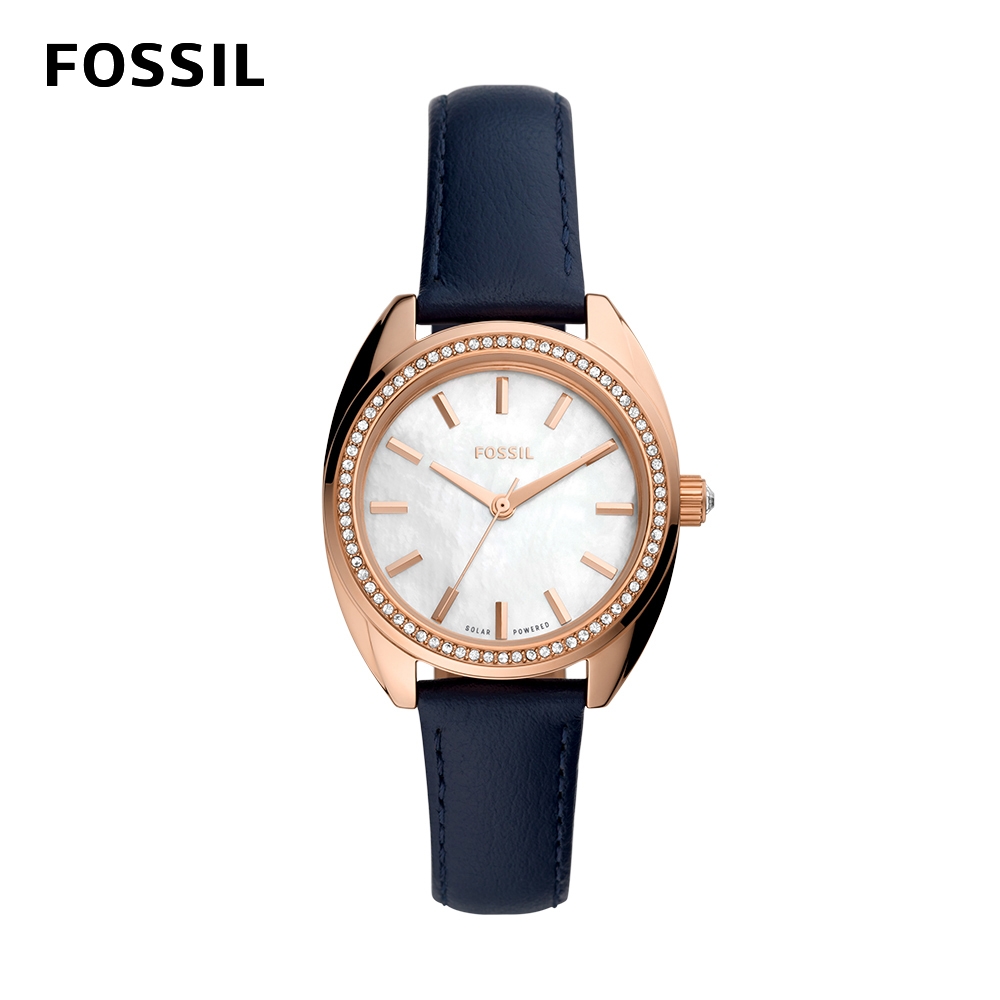 FOSSIL Vale 時尚都會鑽圈太陽能女錶 藍色真皮錶帶 34MM BQ3775