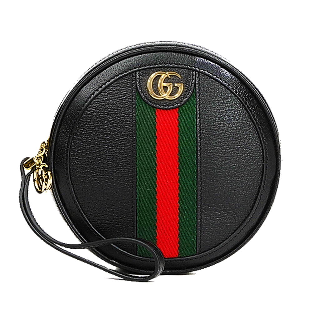 【GUCCI 古馳】574841 經典Ophidia系列皮革雙G LOGO圓餅掛腕手拿包(黑色)