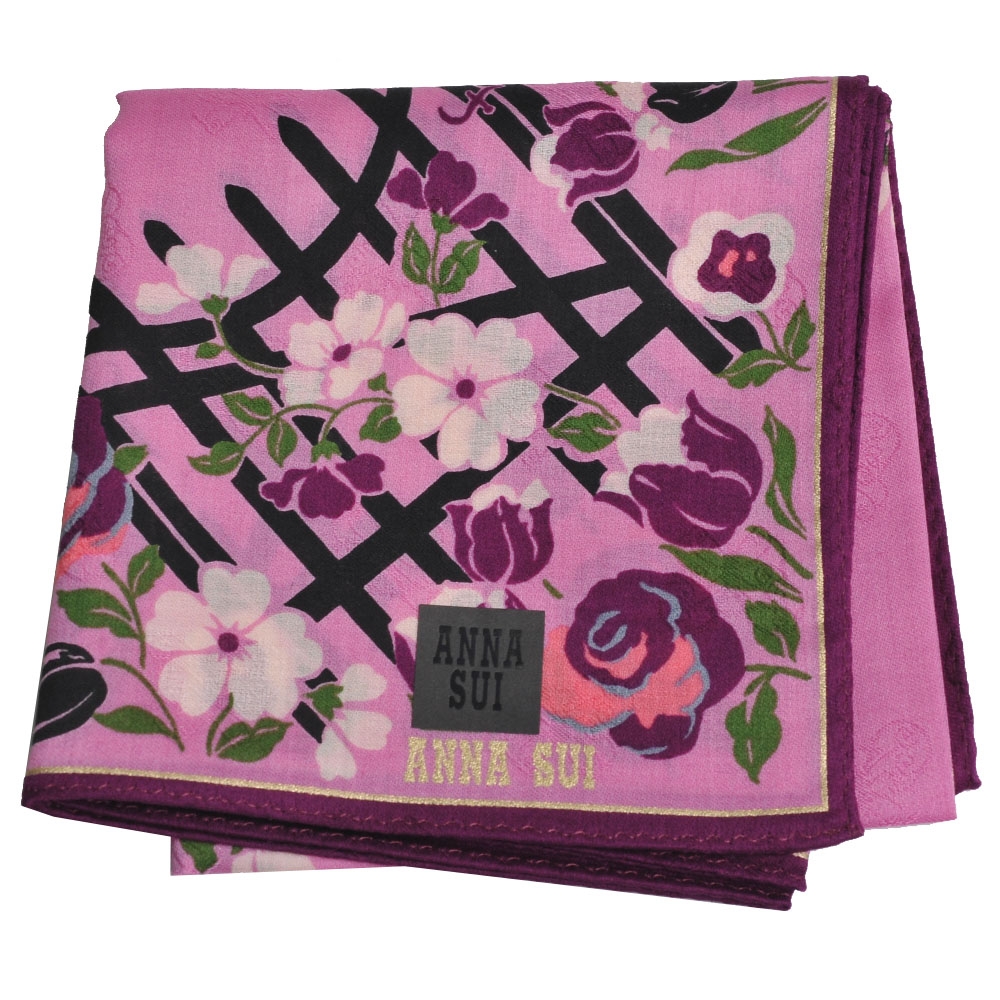 ANNA SUI 繽紛花園圖騰玫瑰花字母LOGO帕領巾(粉色系)