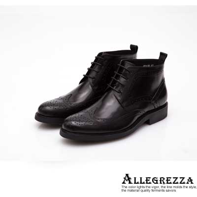 ALLEGREZZA-真皮男鞋-帥氣焦點-真皮藝紋雕花繫帶短靴 黑色