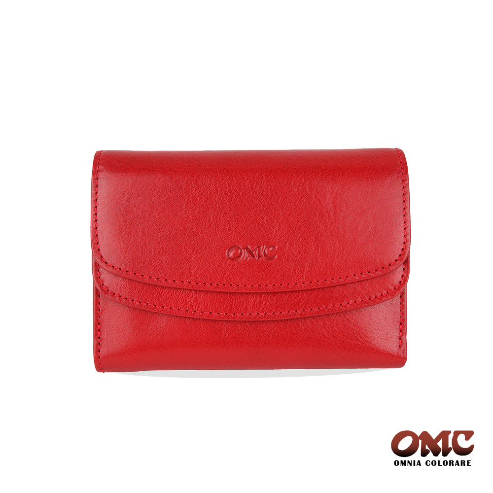 OMC 原皮系列-植鞣牛皮雙壓扣11卡透明窗零錢中夾-紅色