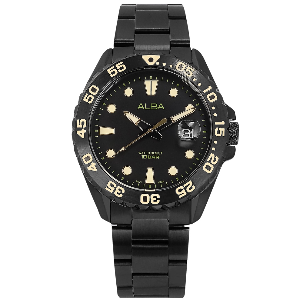ALBA / 運動時尚 日期 防水100米 不鏽鋼手錶-黑色/42mm
