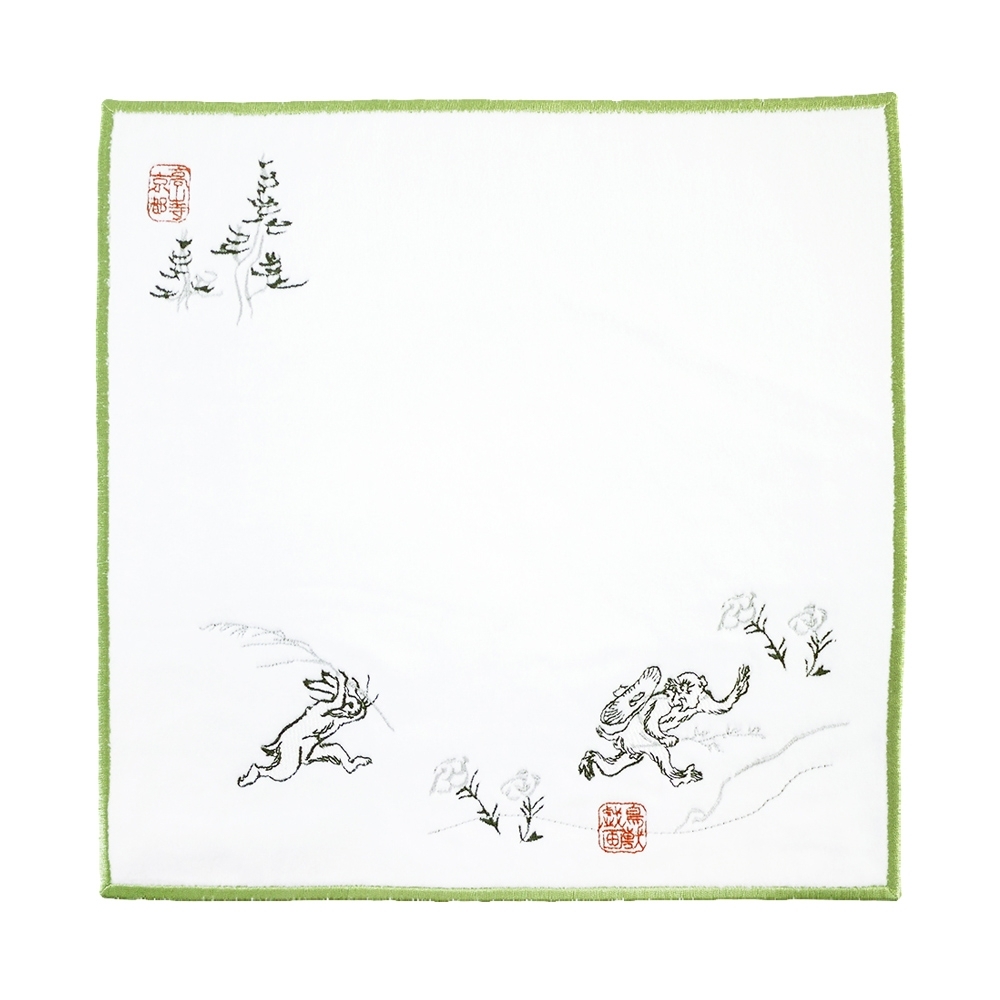 日本丸真 高山寺鳥獸戲畫刺繡手帕 追逐