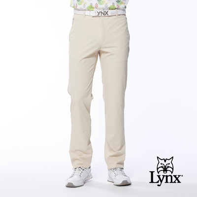 【Lynx Golf】男款日本進口布料拉鍊口袋設計後袋配布剪接平口休閒長褲-卡其色