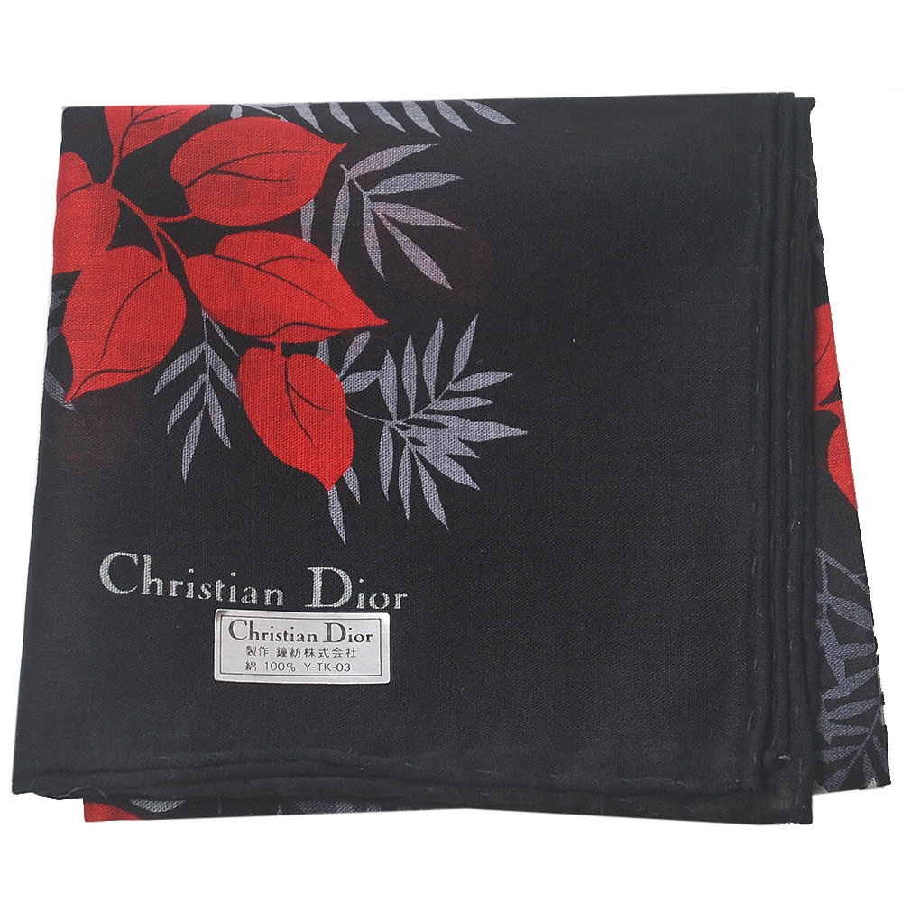 DIOR Christian Dior 100%棉繽紛花朵圖騰品牌字母LOGO帕領巾(黑系)