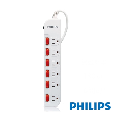 PHILIPS 飛利浦 6開6插3孔延長線 過載防護型 1.8米