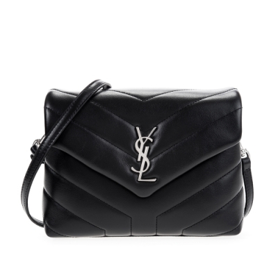 YSL 新款LOULOU銀字小牛皮縫線斜背/肩背包 (黑色/小款)