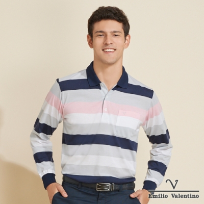 Emilio Valentino范倫鐵諾英倫風尚雅緻橫紋薄長袖POLO衫_黑/灰/粉(66-V3156)