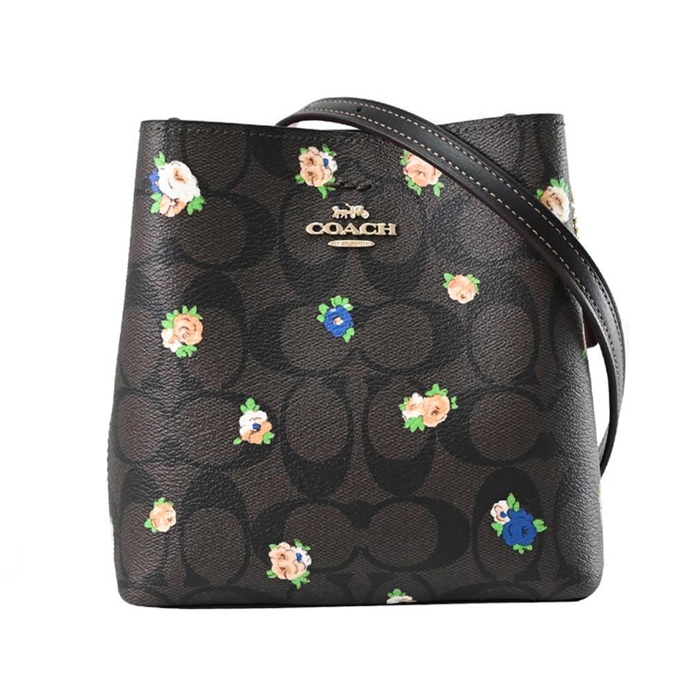 COACH Mini Town 馬車LOGO玫瑰印花斜背迷你水桶包(深咖)