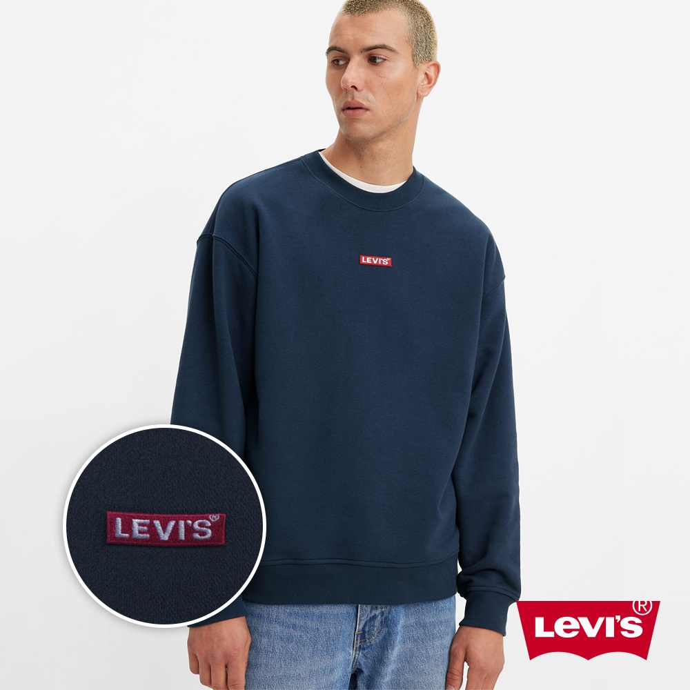 Levis 男款 寬鬆版大學T / 迷你方形徽章Logo / 300GSM厚棉 海軍藍