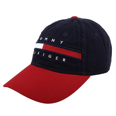 TOMMY HILFIGER- 經典紅白槓字母繡線LOGO 棒球帽(紅x藍)