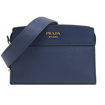 PRADA 金屬LOGO寬背帶拉鍊斜背包(深寶藍)