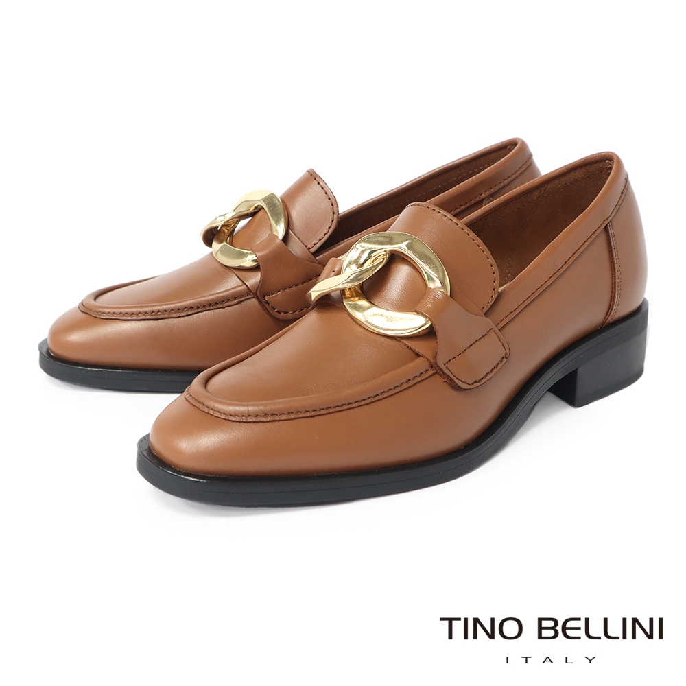 Tino Bellini 義大利進口金屬雙環鍊飾牛皮小低跟樂福鞋-棕