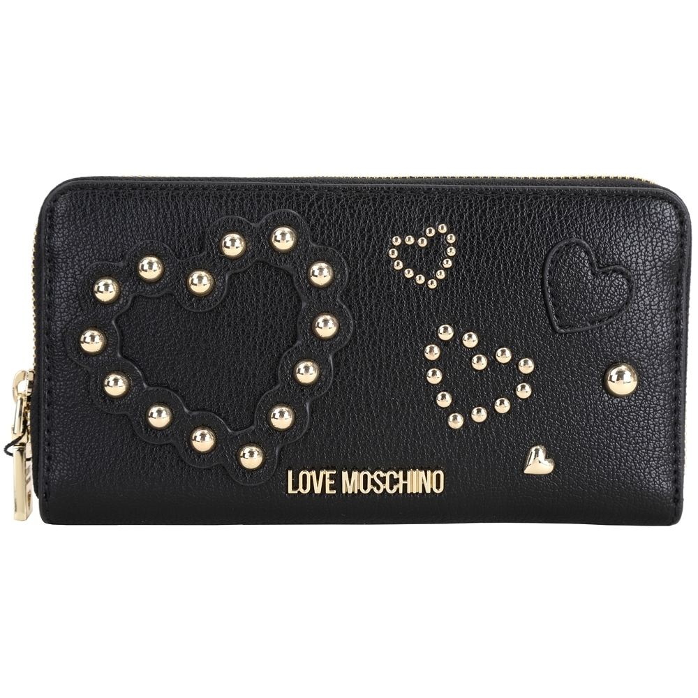 LOVE MOSCHINO 心型鉚釘皮革拉鍊長夾(黑色)