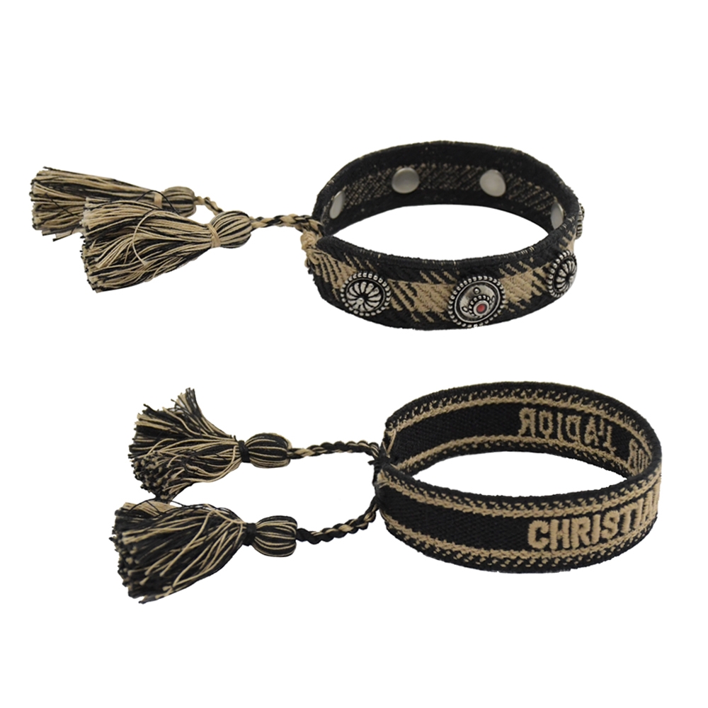 Christian Dior J'ADIOR 立體LOGO兩件式個性編織棉繩手環(黑/卡其)