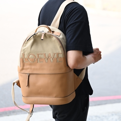 LOEWE 羅威 Round 皮飾拼接LOGO帆布拼接拉鍊雙肩大後背包(卡其/淺棕)