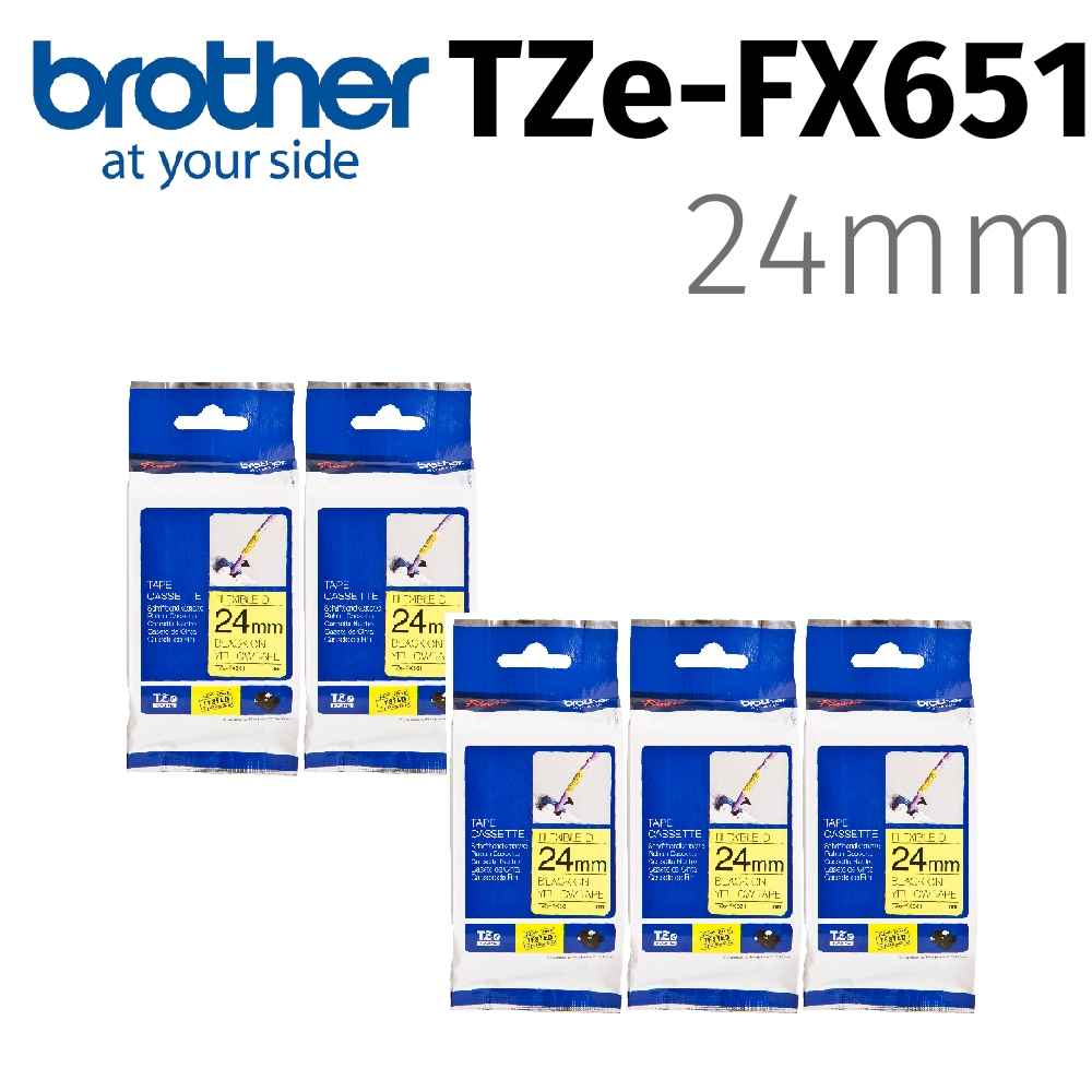 【5入組】brother TZe-FX651 (可彎曲)纜線標籤帶 ( 24mm黃底黑字 )