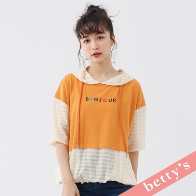 betty’s貝蒂思 透膚格紋抽繩拼接口袋連帽T-shirt(棕黃色)