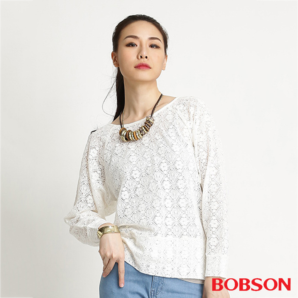 【BOBSON】女款蕾絲網布長袖上衣(米白81)