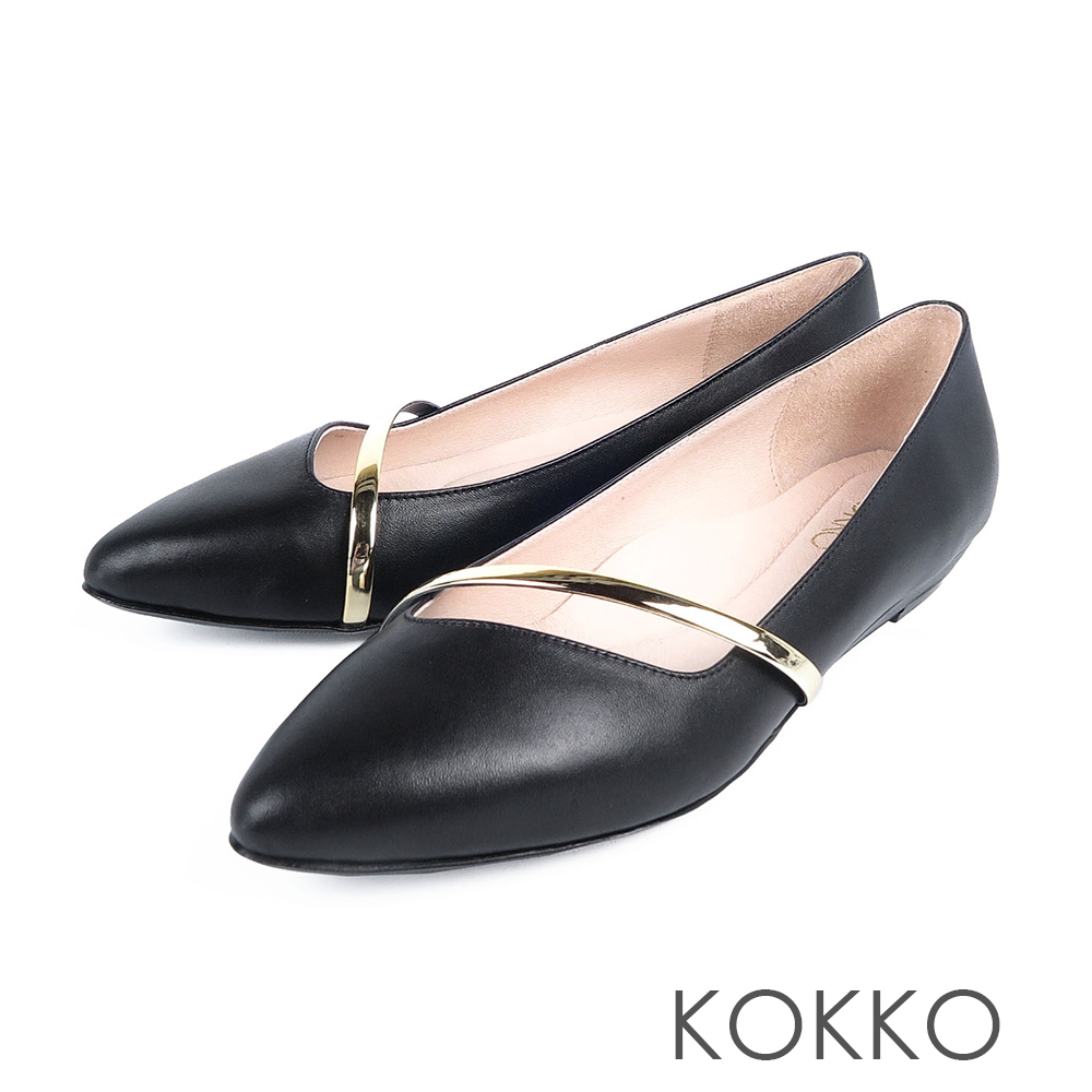KOKKO - 輕奢女神金屬尖頭楔型真皮鞋-亮黑色
