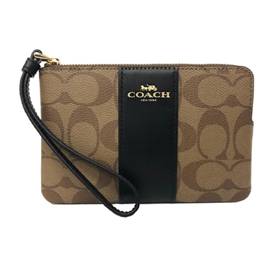 COACH 經典C LOGO直紋手拿包/零錢包(焦糖/黑)