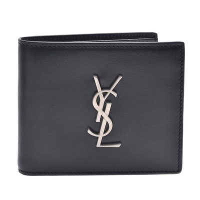 YSL 經典銀色品牌LOGO小牛皮摺疊短夾(黑色)