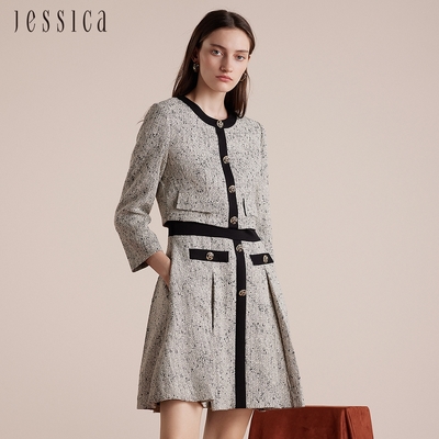JESSICA - 優雅顯瘦皺褶裙擺長袖小香風洋裝J30512