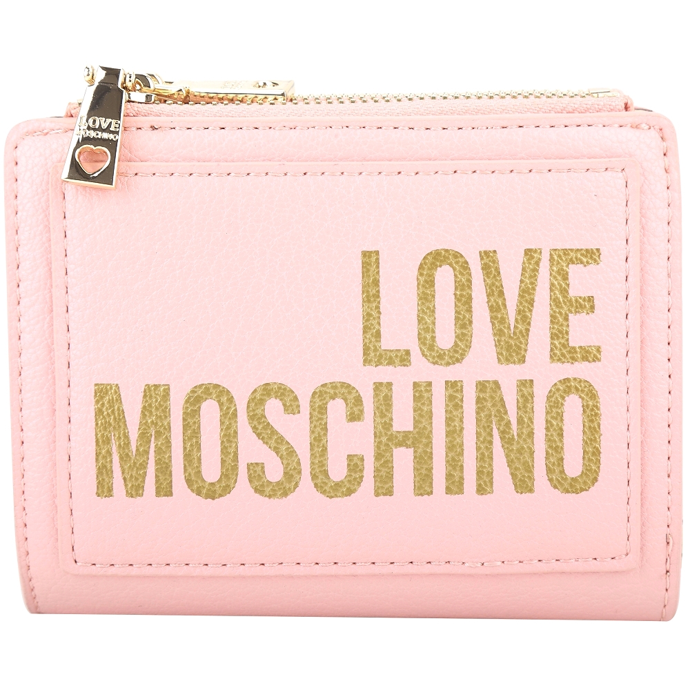 LOVE MOSCHINO 燙金字母雙零袋皮革對折短夾(粉色)