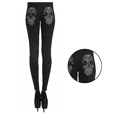 摩達客 英國進口義大利製Pamela Mann  搖滾骷髏金屬感貼鑽黑色內搭褲