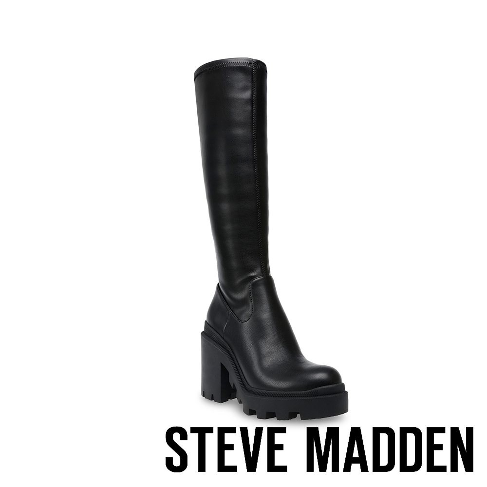 STEVE MADDEN-DERBY 拼接粗跟切爾西長靴-黑色