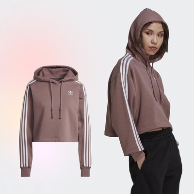 adidas 長袖 Adicolor Hoodie 女款 藕粉 白 短版 寬鬆 內刷毛 抽繩 愛迪達 HN5885