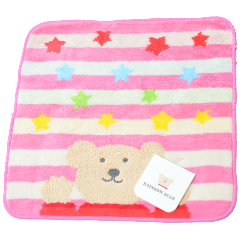 RAINBOW BEAR 日本製可愛小熊LOGO小方巾(橫條星星熊/粉紅)