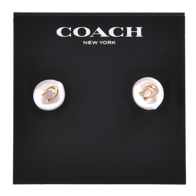 COACH 珍珠內鑲C字LOGO造型穿式耳環-金色