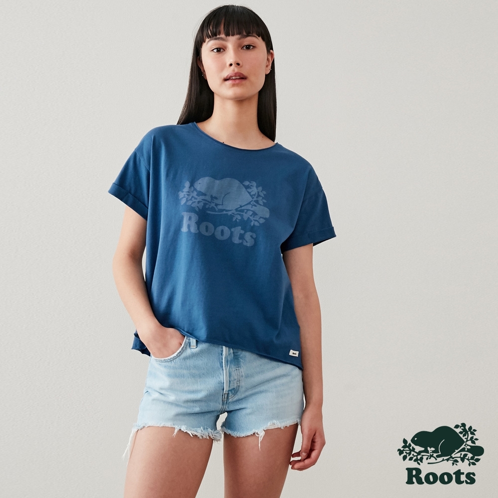 Roots 女裝- 環保有機棉系列 海狸LOGO短袖T恤-靛藍色