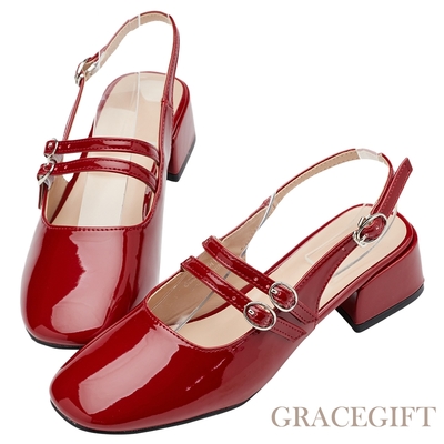【Grace Gift】復古方頭雙帶瑪莉珍後空中跟鞋 紅漆