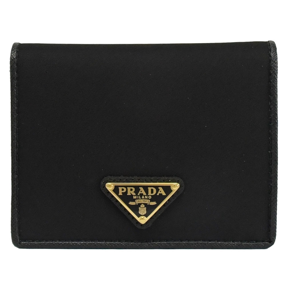 PRADA 三角LOGO經典尼龍拼接牛皮對開短夾(黑)