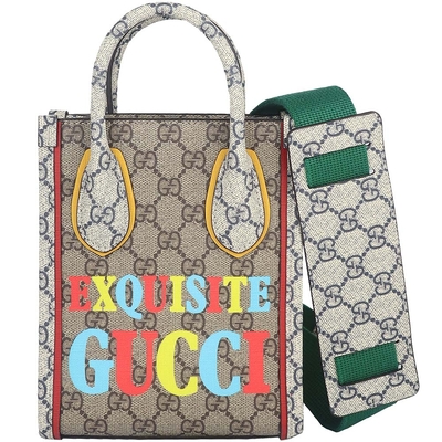 GUCCI Exquisite 卡其藍雙色帆布斜背/手提迷你托特包