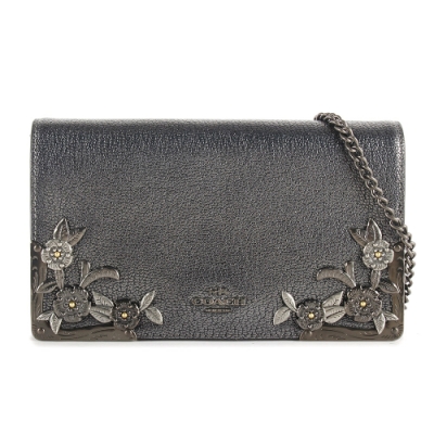 COACH 精緻立體雕花包邊翻蓋鍊帶斜背包-銀灰色