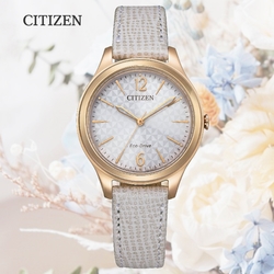 CITIZEN 星辰 LADYS 光動能 三角格紋 牛皮錶帶腕錶-32mm 玫瑰金 EM0509-10A