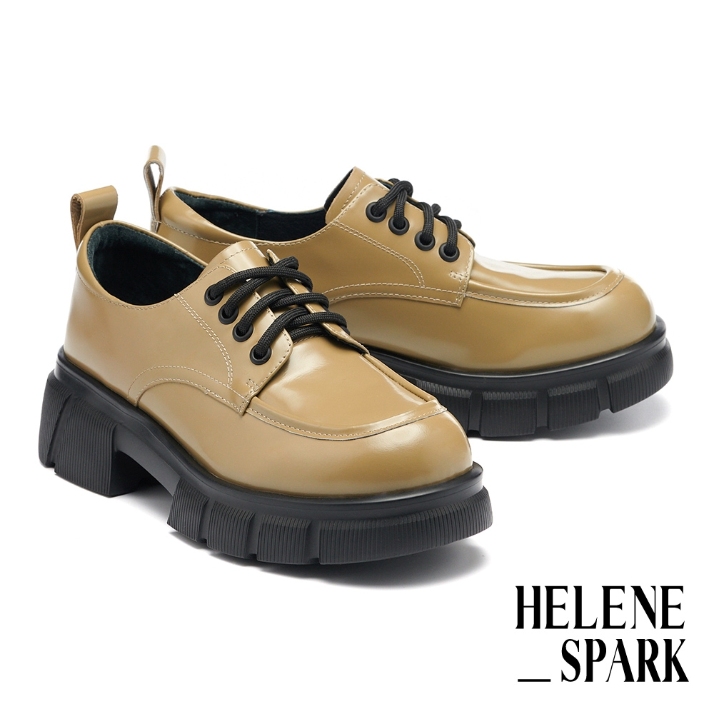 厚底鞋 HELENE_SPARK 復古紳士純色全真皮圓鼓綁帶厚底鞋－杏