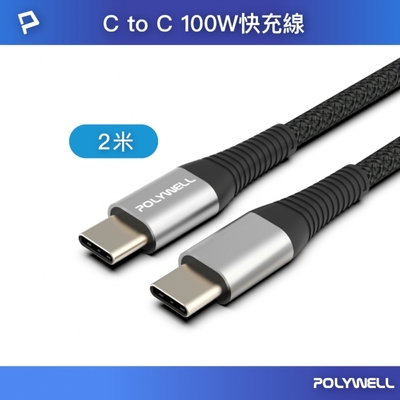 POLYWELL USB Type-C 100W 公對公 PD快充線 /槍色 /2M