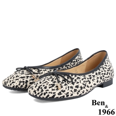 Ben&1966高級燙鑽布流行豹紋方頭包鞋-米白(226132)