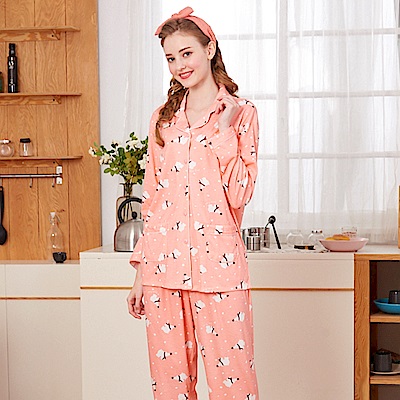睡衣 冬季北極熊 針織棉長袖兩件式睡衣(R77210-15粉橘) 蕾妮塔塔