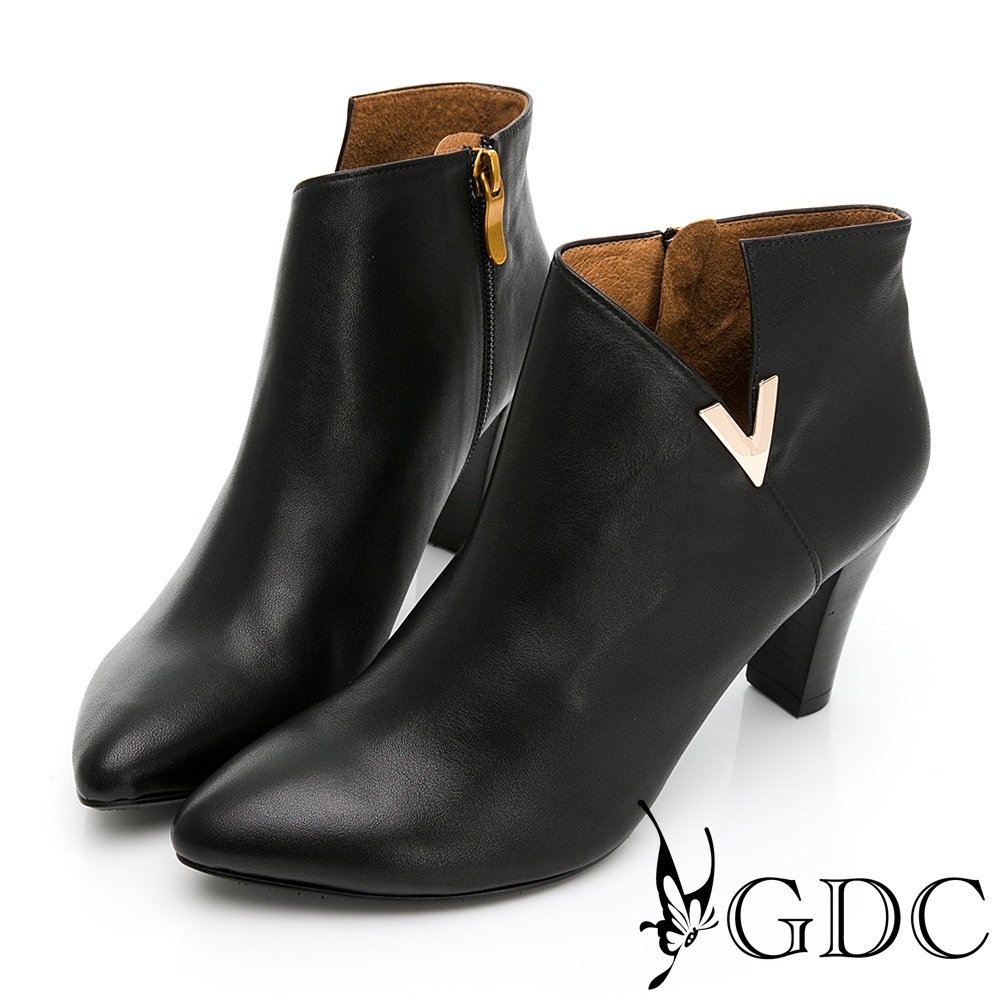 GDC-性感V勢力美型真皮金釦側開衩秋冬短踝靴-黑色