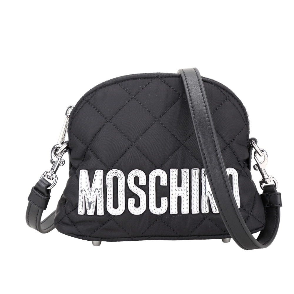 MOSCHINO 銀字菱格絎縫尼龍手拿/斜背貝殼包(黑色)