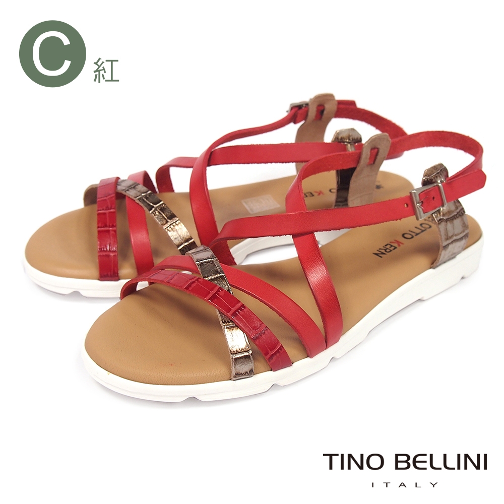 Tino Bellini 西班牙進口率性全牛皮線條平底涼鞋-紅