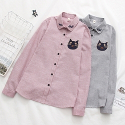 日系貓咪刺繡條紋襯衫學院風細條紋上衣四色可選-設計所在