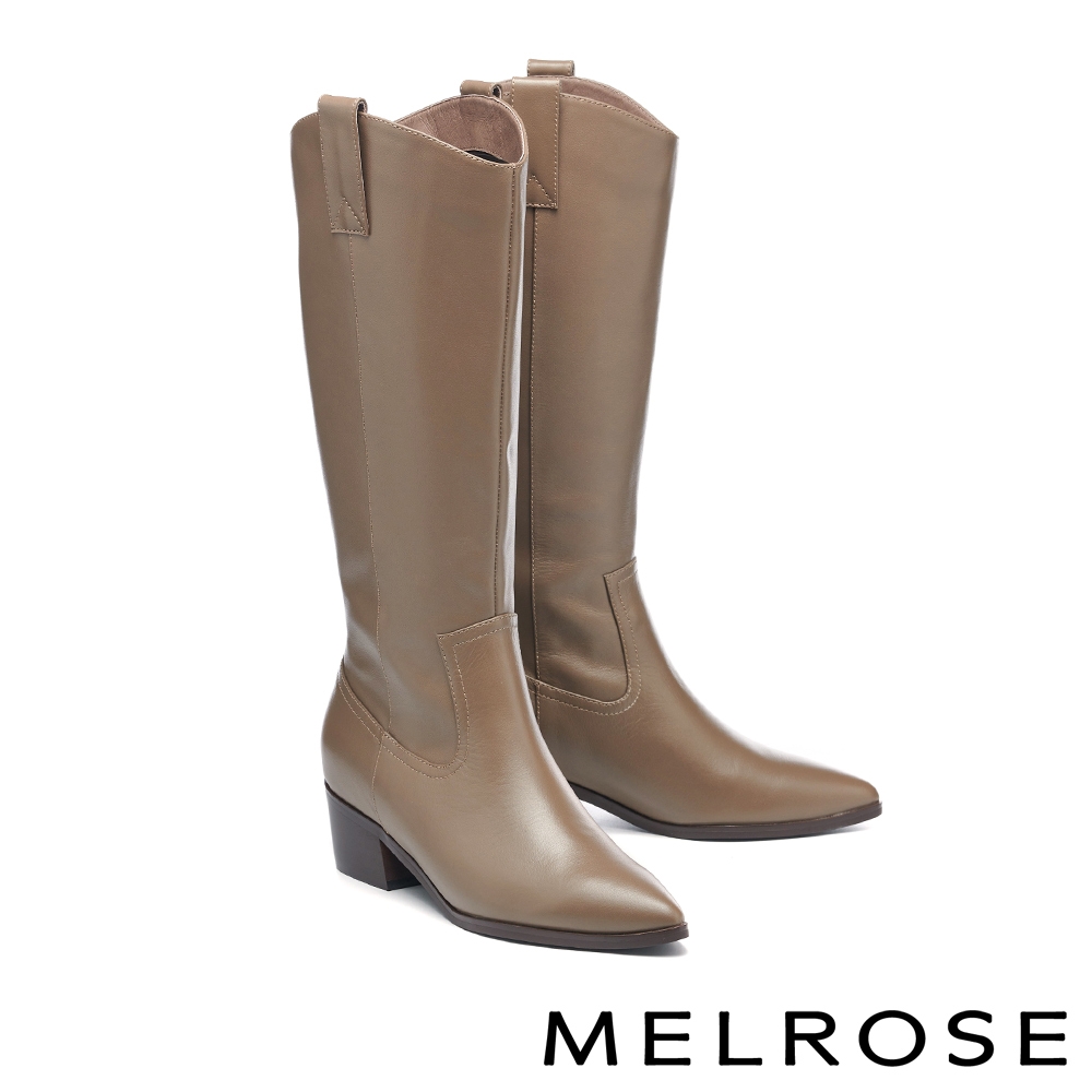 長靴 MELROSE 質感簡約純色牛皮尖頭高跟長靴－棕