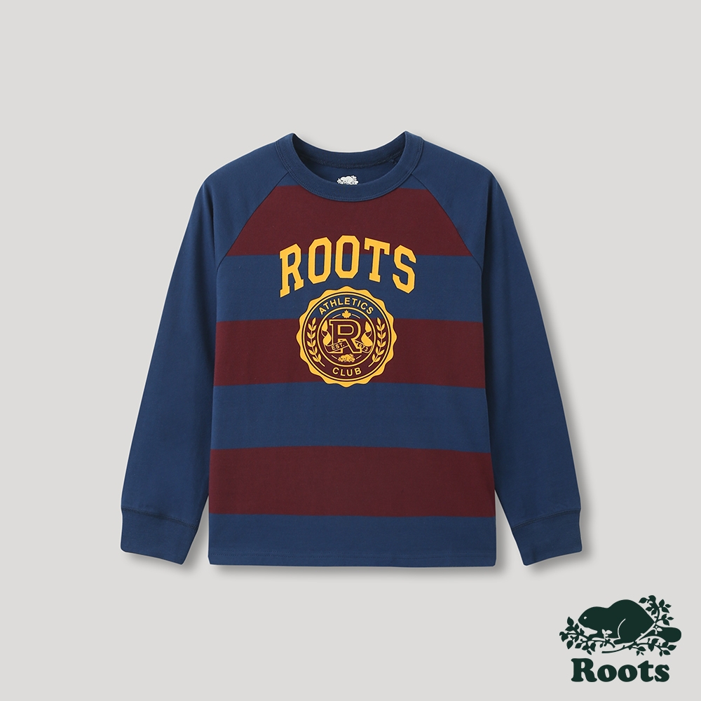 Roots大童-運動派對系列 學院風LOGO條紋長袖T恤-藍色