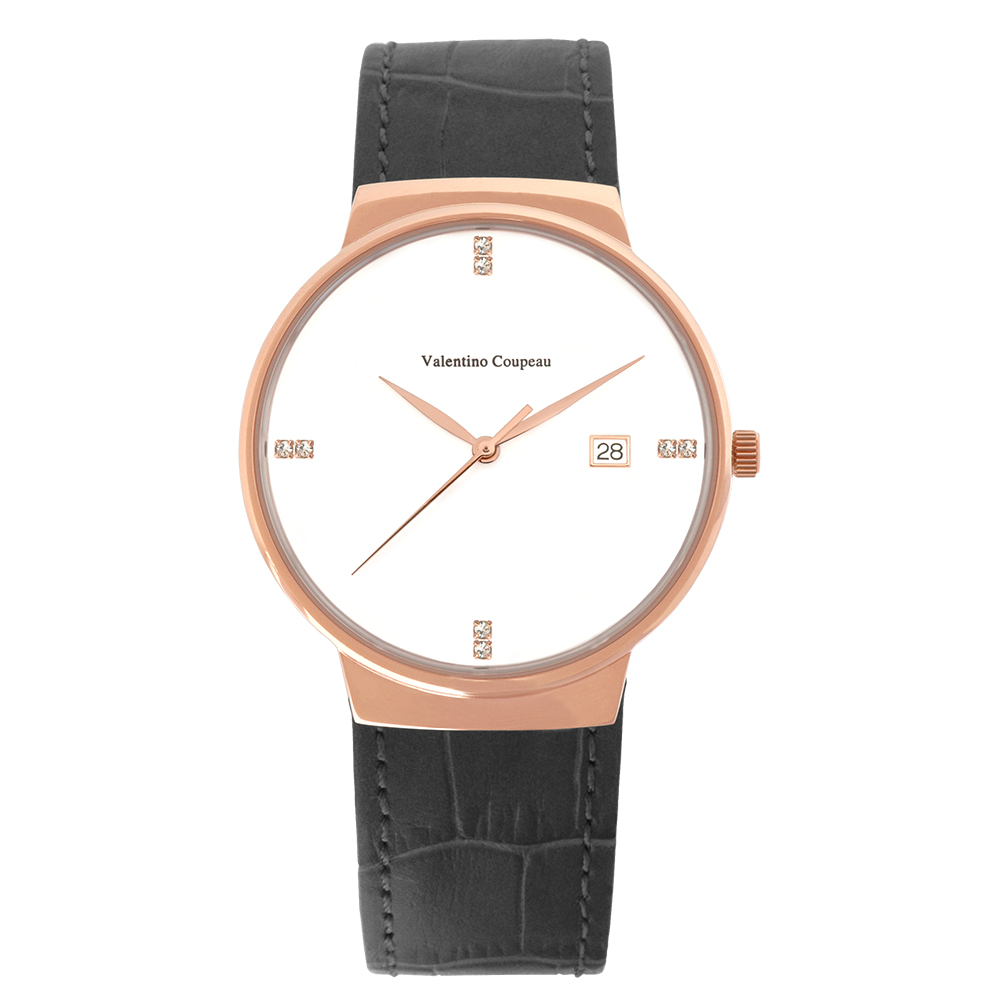 Valentino Coupeau 范倫鐵諾 古柏 時尚極簡設計腕錶【玫瑰/黑皮/白珠】